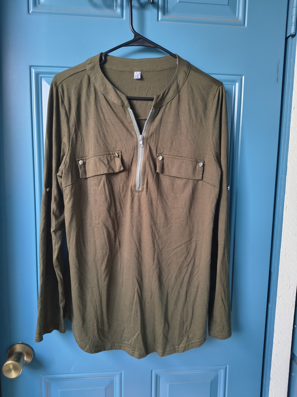 Women’s Olive Green Long Sleeve Zip-Pocket Blouse